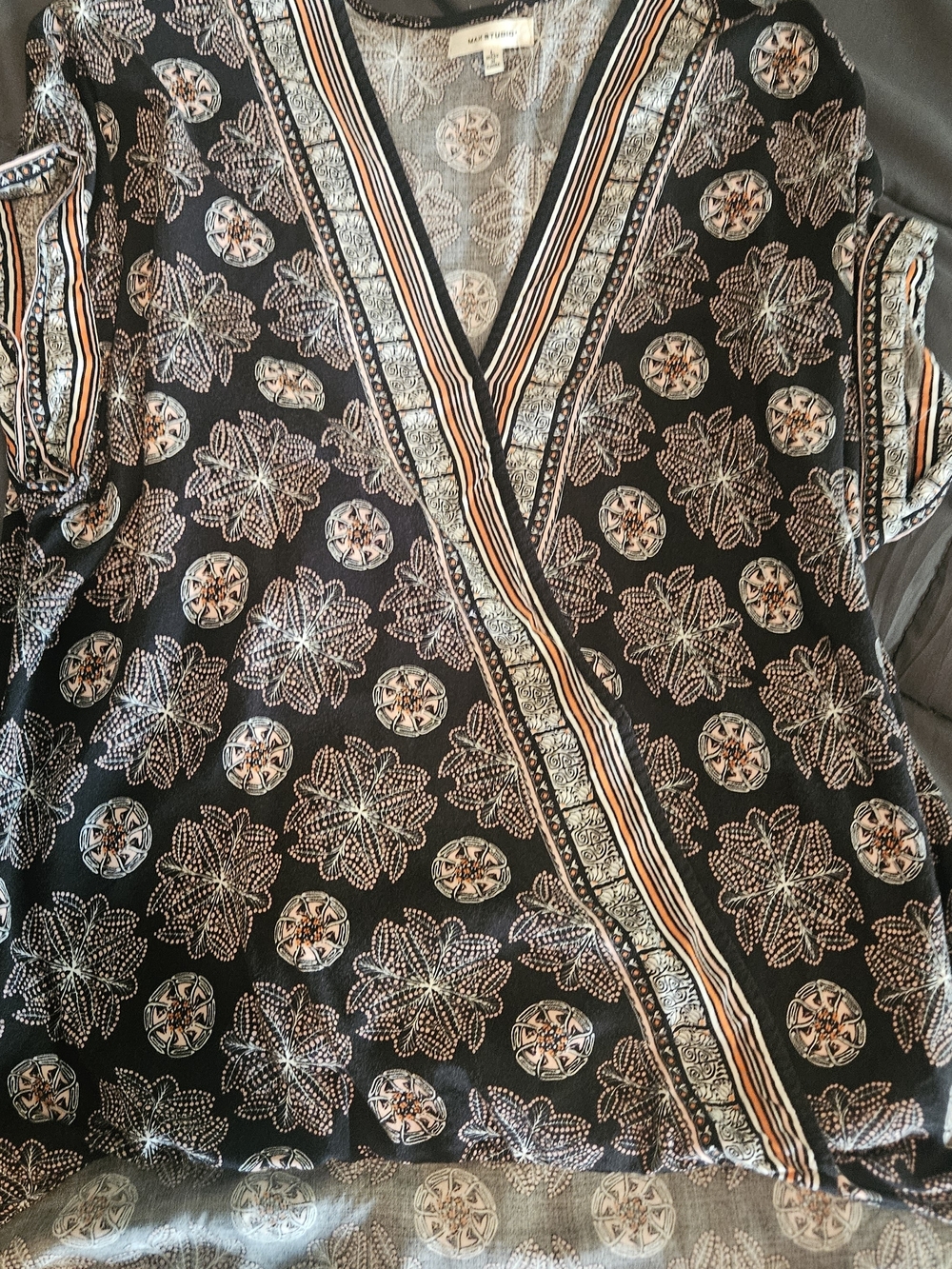 Max Studio Boho Black Floral Medallion Wrap Tunic with Peach and White Trim